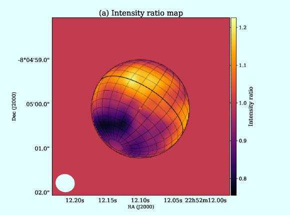Map of the intensity ratio (value measured with respect to the radially averaged profile) of hydrogen cyanide;  the white ellipse at the bottom left illustrates the shape of the synthesized beam.  Image credit: Iino et al., Doi: 10.3847 / 2041-8213 / abbb9a.